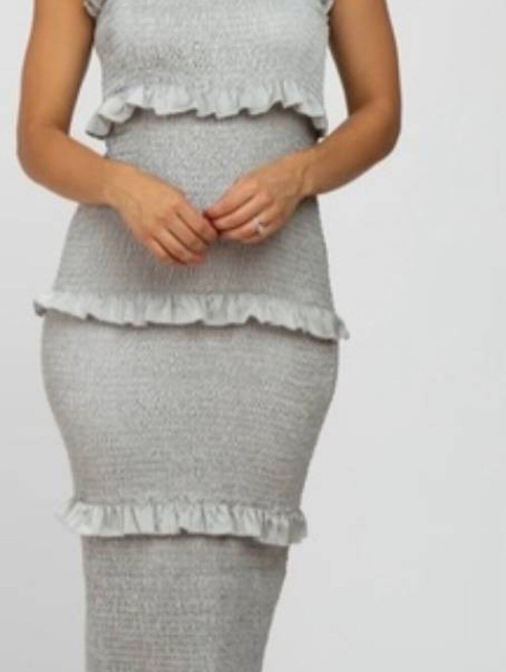 MARBLE by Anthropologie Fitted Sage Satin Smocked Ruffle Midi Dress Size L NWOT